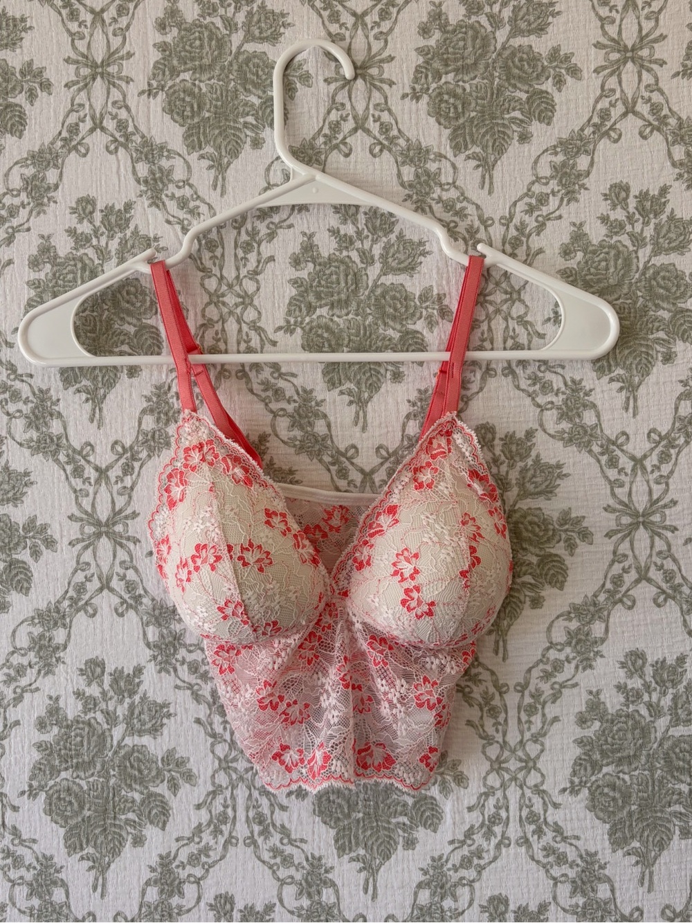 Vintage Cream Lace Longline Bralette with Coral Floral Embroidery